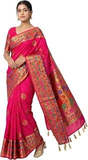 MIMOSA Women’s Rani Raw Silk Saree Woven with Zari Tissue | Paithani Style Saree | Rich Pallu & Tassels | 6.2 Mtrs