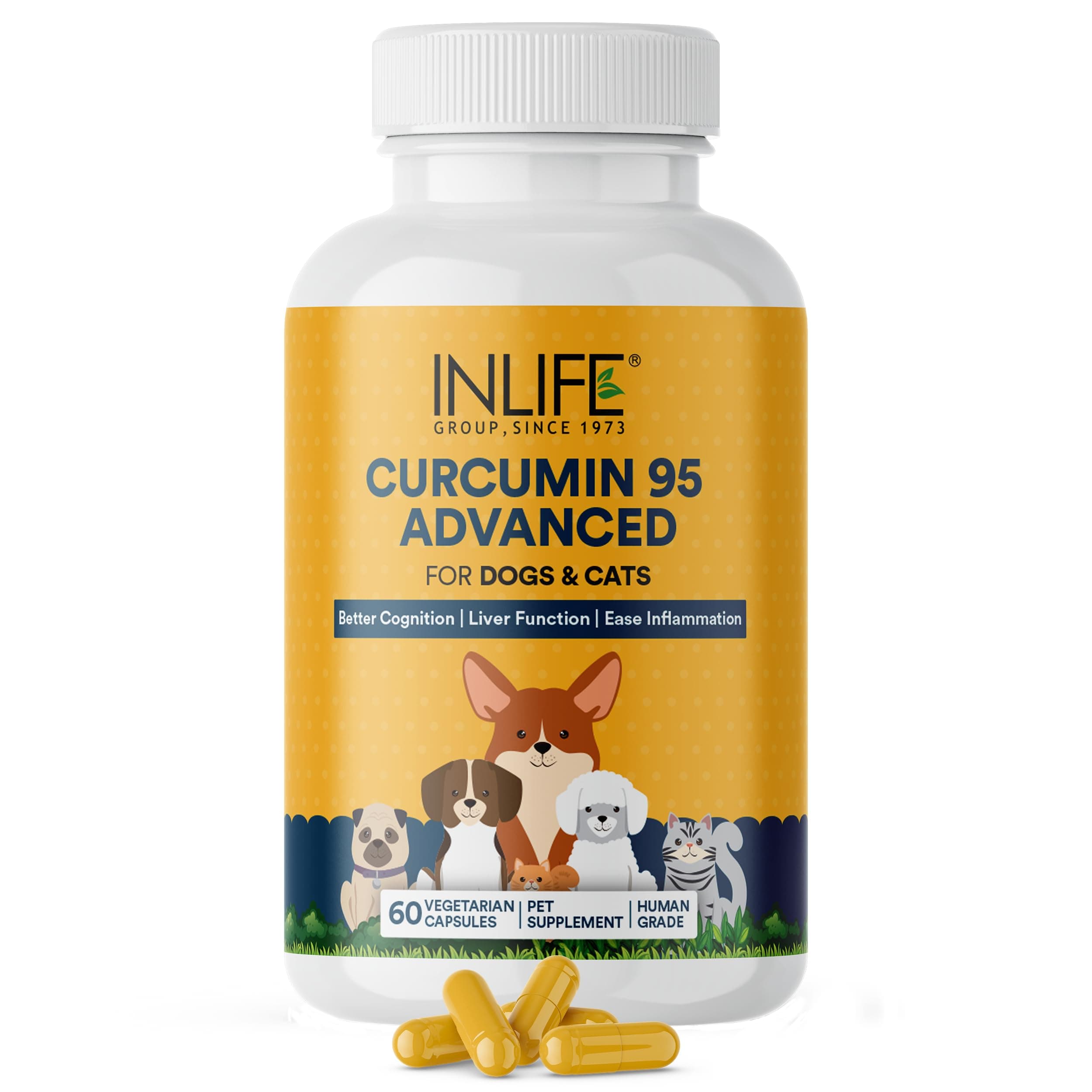 INLIFE Curcumin with Piperine for Dogs Cats, 95% Curcuminoids, 60 Veg Caps | 500mg Turmeric Extract, 95% Curcuminoids, Cognition, Liver Function, Human Grade, All Breeds