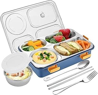 Brand Conquer Lunch Box Leak-Proof BPA Free Stainless Steel for School, Lunch Box for School & Office with a Fork, a Spoon and a Pair of Chopsticks (Dark Blue, 4 Compartment)