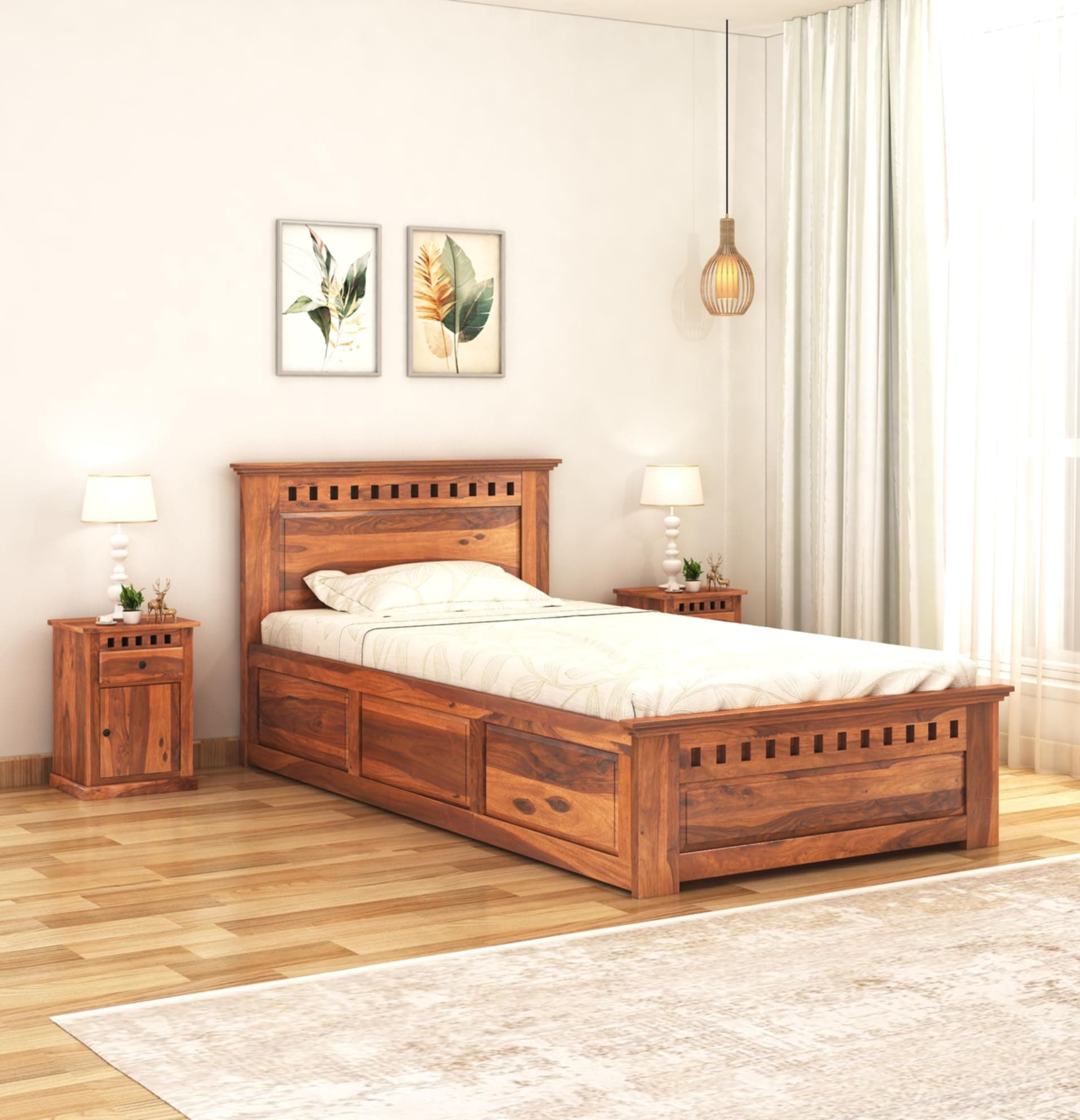 SONA Art & Crafts Kuber Sheesham Wood Single Bed (78x36) Size with Storage Solid Wooden Single Bed Cot Furniture for Bedroom Home (Natural Finish)