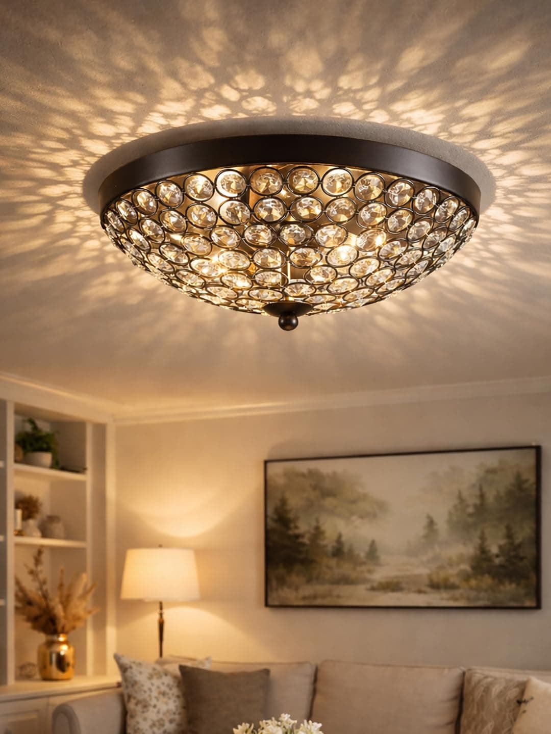 Decorcity 2-Lights Dome Shape Metal Glass Crystal Chandelier Jhoomar Ceiling Light for Living Room | Modern Flush Mount Crystal Ceiling Lamp | Warm White LED Included (Dome Black)