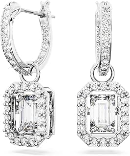 Swarovski Una drop earrings, Octagon cut, White, Rhodium plated