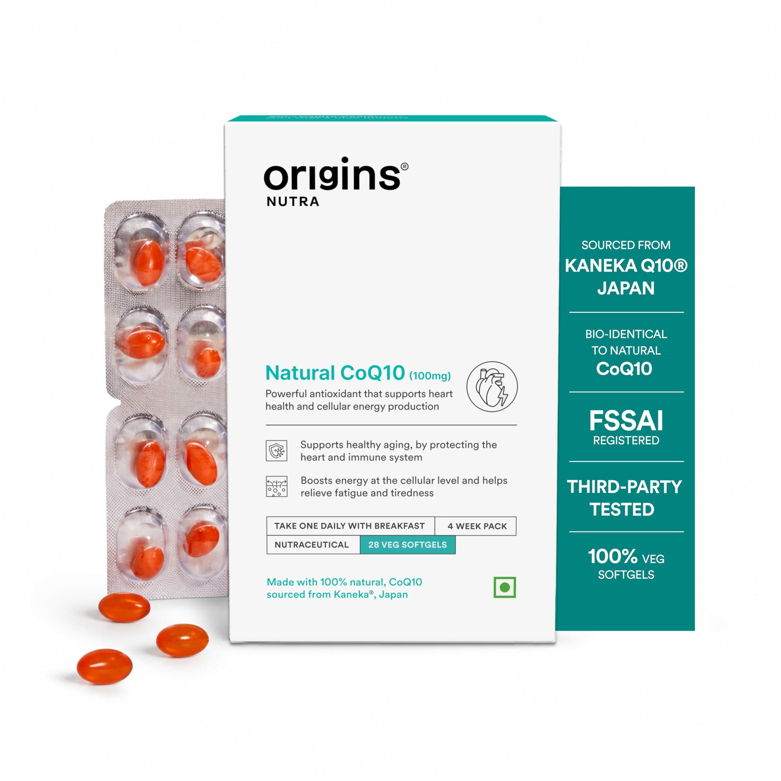 Origins Nutra Kaneka® Coenzyme Q10 (CoQ10) 100mg from Japan | Heart & Vascular Health | Antioxidant for Energy, Fertility & Cellular Energy| GMP Certified | 28 Veg Softgels | Pack of 1