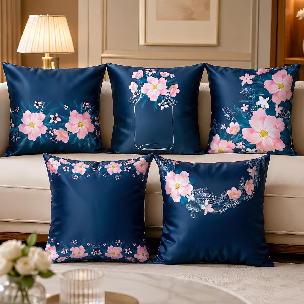 Vendola Decorative Satin Sofa Cushion Cover Set of 5, 12 inch x 12 inch, Sofa Pillow Cover,Small Cushion Covers 12x12, Navy Blue, Pink and White, Floral Design, Zipper Closure (Hana, 12X12 Inches)