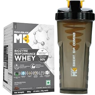 MuscleBlaze Biozyme Performance Whey Protein Powder, Rich Chocolate, 5 Sachets (36g each) | Travel Pack with Shaker | 25g Protein Per Sachet