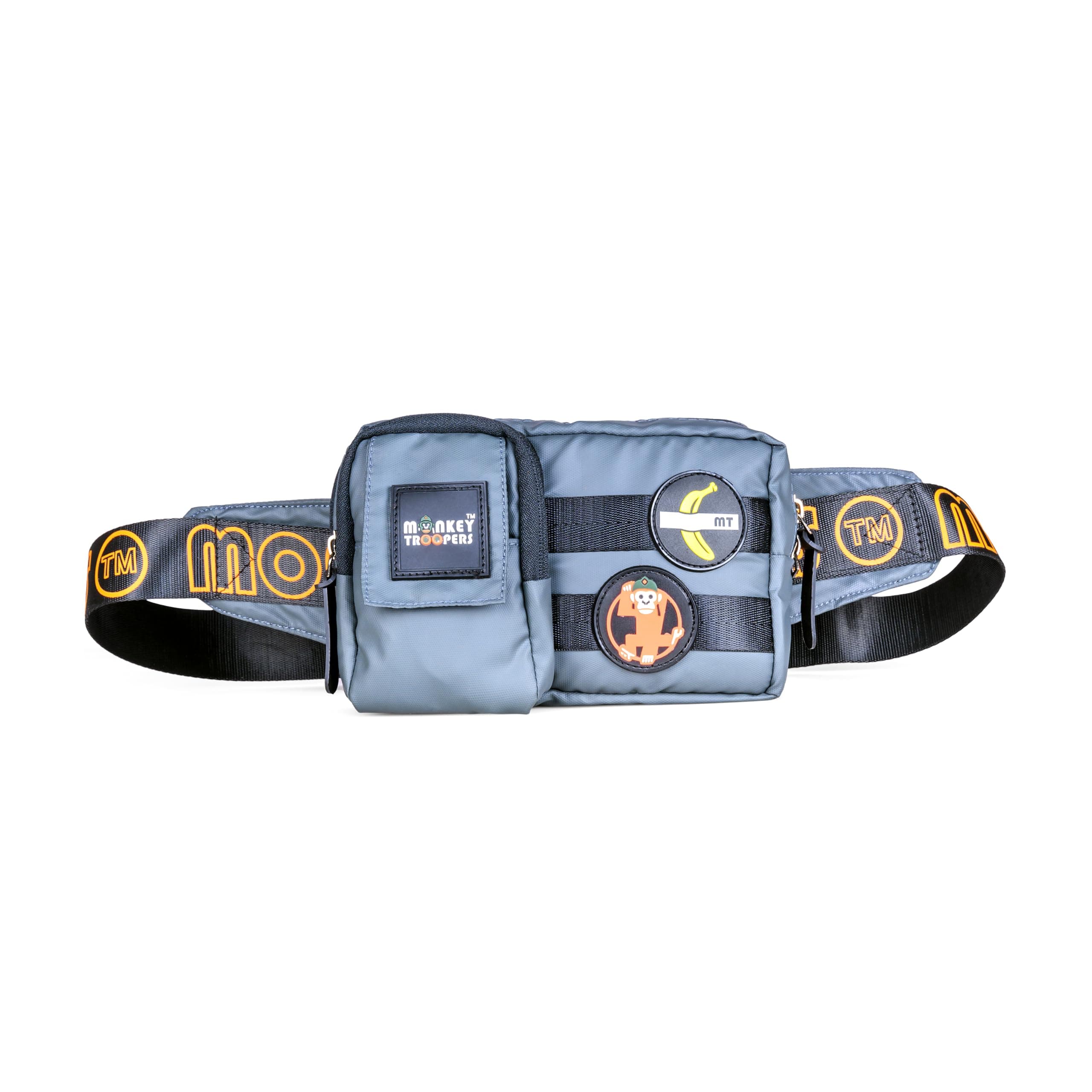 MONKEY TROOPERS Webby 1L Waist Crossbody Sling Bag for Men & Women Grey | Multiple Pockets Internal Organizers Adjustable Printed Strap Quick Release Buckle Graphic Patches