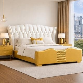 Upholstered King Size Bed with Box Storage for Bedroom | Wooden Double Bed with Wooden Ply with Storage | Platform Cot Palang with Headboard | 6.5 x 6 Ft | Sheesham Wood | White Golden