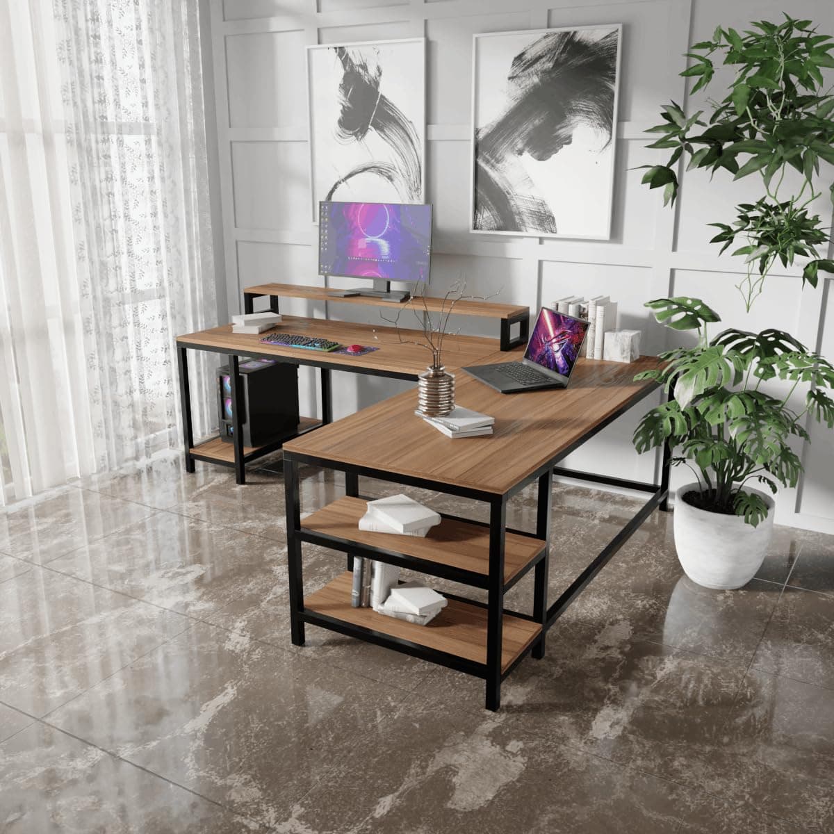 Riyan Luxiwood® Archice Study Table, L - Shape Office, Living Room, Gaming Table, Work from Home, Computer and Laptop Tables (Color - Beige, Size - Large)