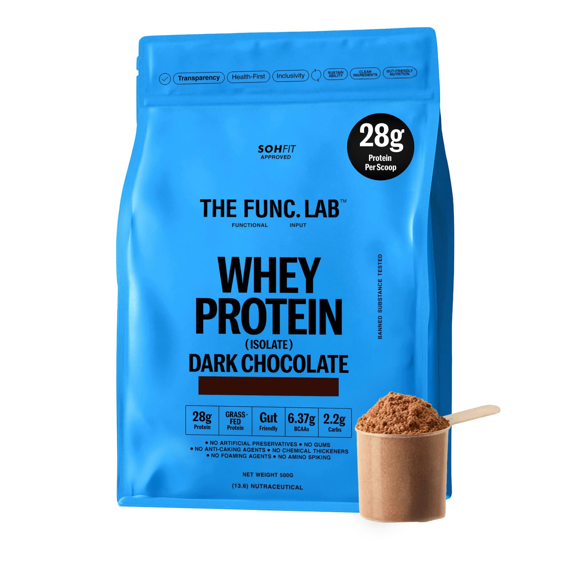 The Func. Lab Whey Protein Isolate - Dark Chocolate | 500g | Grass‑Fed, 28g Protein, 6.37g BCAA per Scoop | High Protein Supplement for Muscle Growth, Digestion and Absorption Support