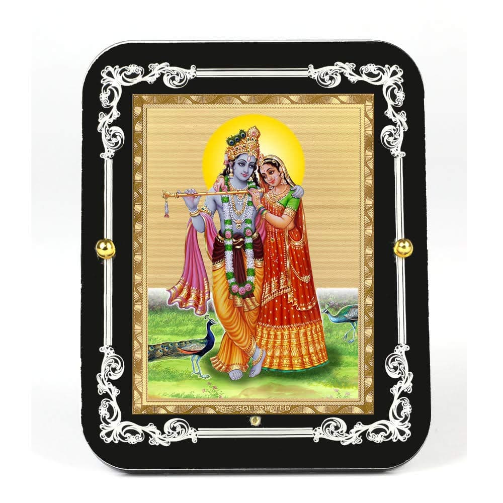 Eknoor Gold Plated Radha Krishna for Home and Car Dashboard | 24 Carat Gold Plated Foil God Idol on Acrylic R1CB Black Base for Puja Ghar, Office Desk | 7x9.5x3.5 CM