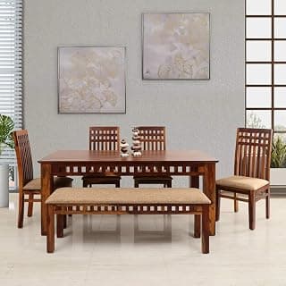 Sheesham Wood Rectangle Dining Table with 4 Cushion Chairs and 1 Bench | Wooden Multipurpose 6 Seater Dining Table Set Furniture for Living Room, Restaurant, Hotel and Home (Natural Finish)