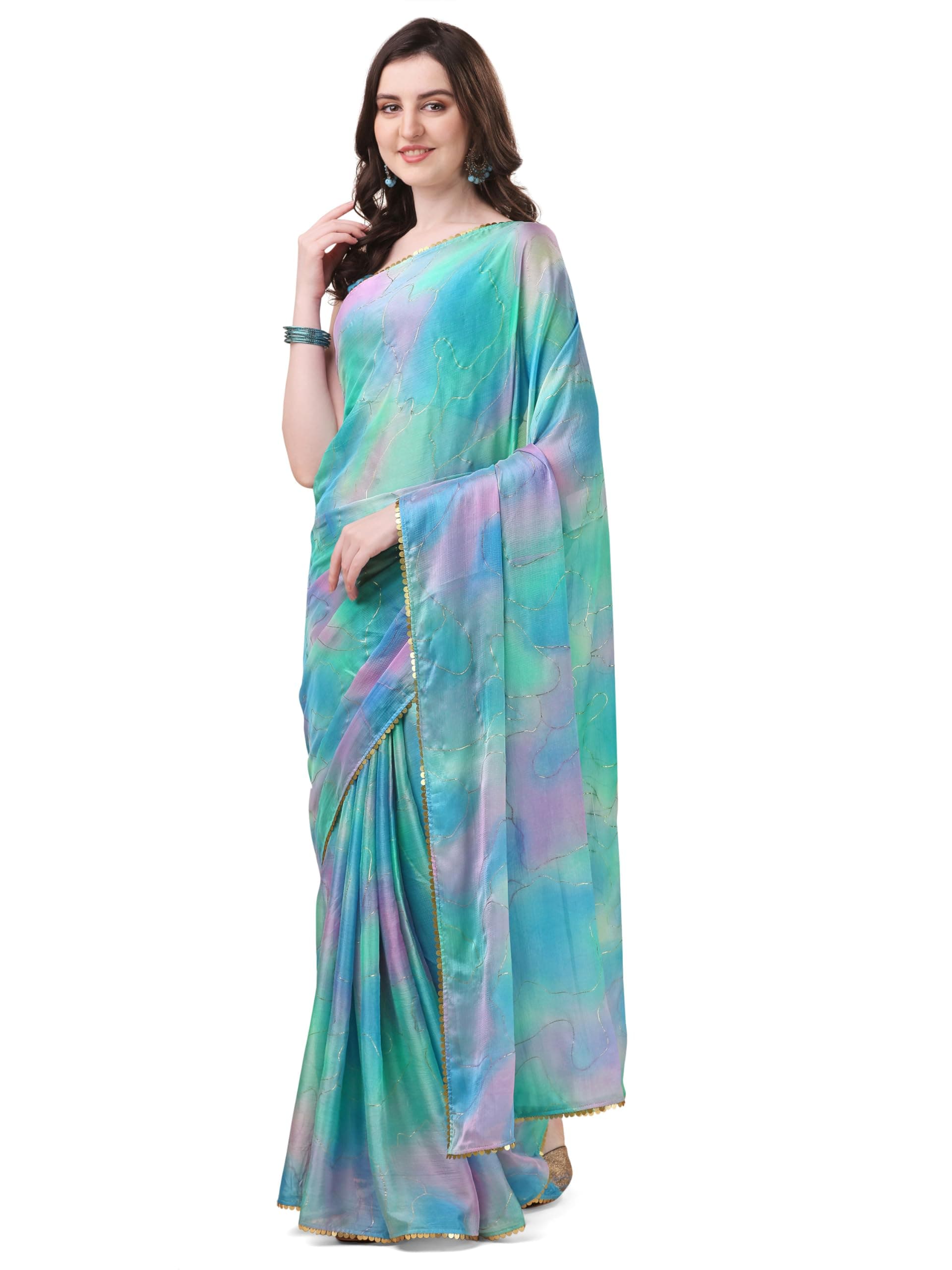 MIRCHI FASHION Saree for Woman Chiffon Colorblock with Foil Work | Shimmer Festive Women's Sari for Wedding Functions and Ceremonies