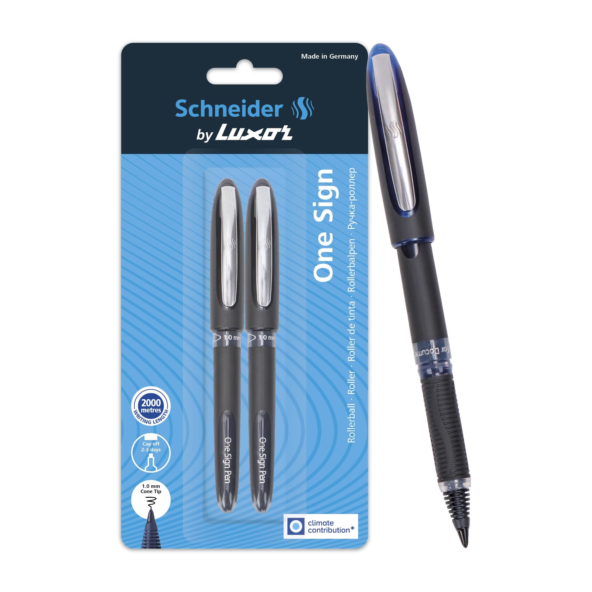 Luxor Schneider, One Sign Roller Ball Pen, Pack of 2, 1.0 mm Cone Tip, Ink Colour - Black, 2000 metres writing length, Cap off Time 2-3 days