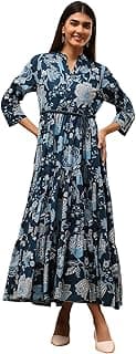 BIBA Women's Cotton 3/4 Sleeves Calf Length Band Collar A-Line Floral Printed Casual Dress