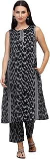 W for Woman Black Ikkat Pure Cotton Straight Kurta and Pants Co-ord Set