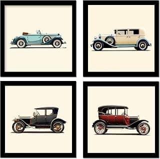Rousrie Vintage Car Wall Art Framed Posters, Set of 4, Multi Colour, Modern Style Decorative Paintings for Living Room
