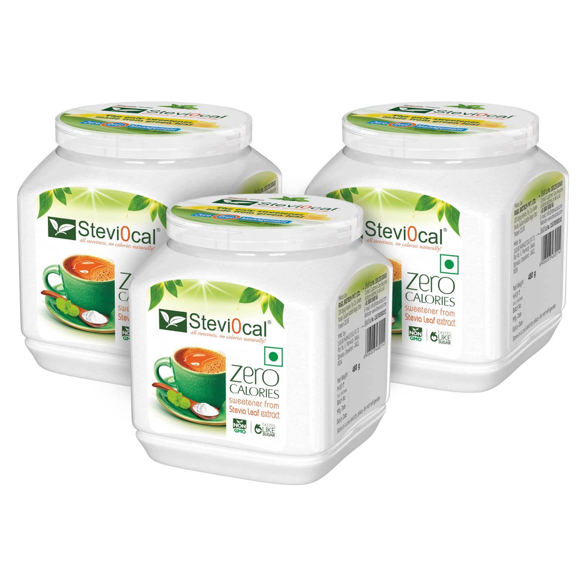 Stevi0cal Stevia Sweetener Powder | 100% Sugar Free Natural | Zero Calorie for Weight Management, Diet, Diabetic Friendly | 480 gm Jar - Pack of Three (3 x 480 gm)