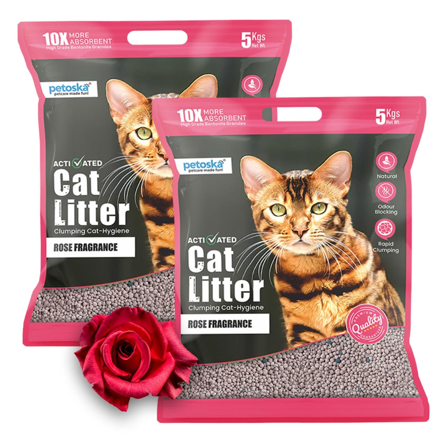 Petoska Cat Litter 10kg Rose | Fast-Clumping Bentonite Cat Litter with Odour Lock, Low Dust & Gentle on Paws | Fresh & Fragrant Litter Box Every Day | Pack of 2