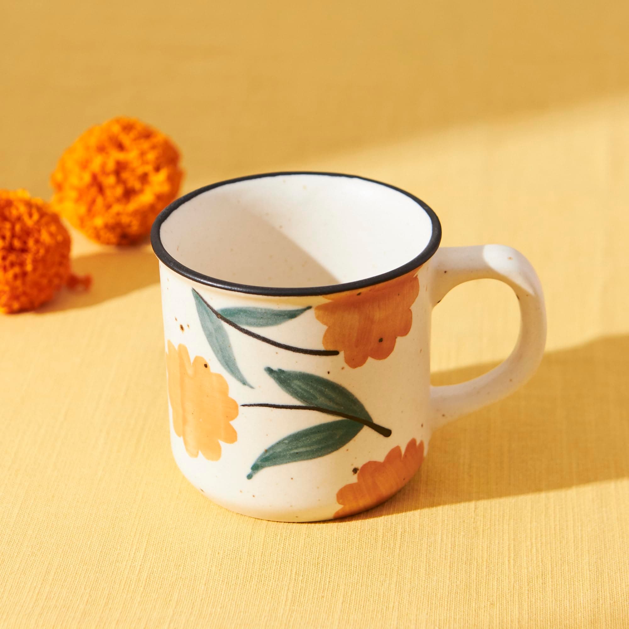 Chumbak Marigold Ceramic Mug, Handpainted Stoneware Cup, Coffee and Tea Mug, Unique Gifting Option, Microwave and Dishwasher Safe, Valentines Gift for Woman