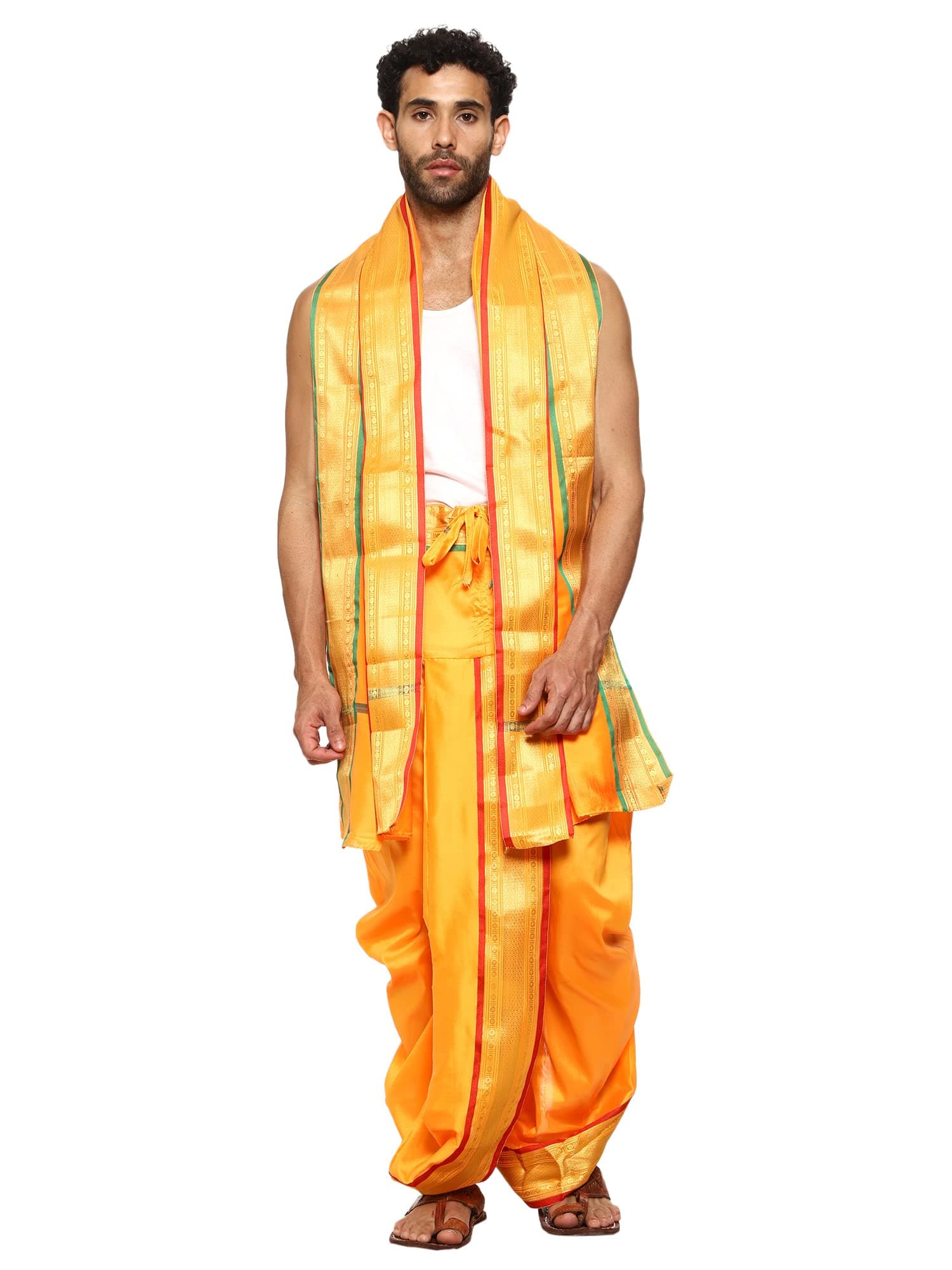 Rameshwaram Fabrics Readymade Dhoti for Men, Velcro Style Stitched Mens Silk Dhoti Pant with Stole Set