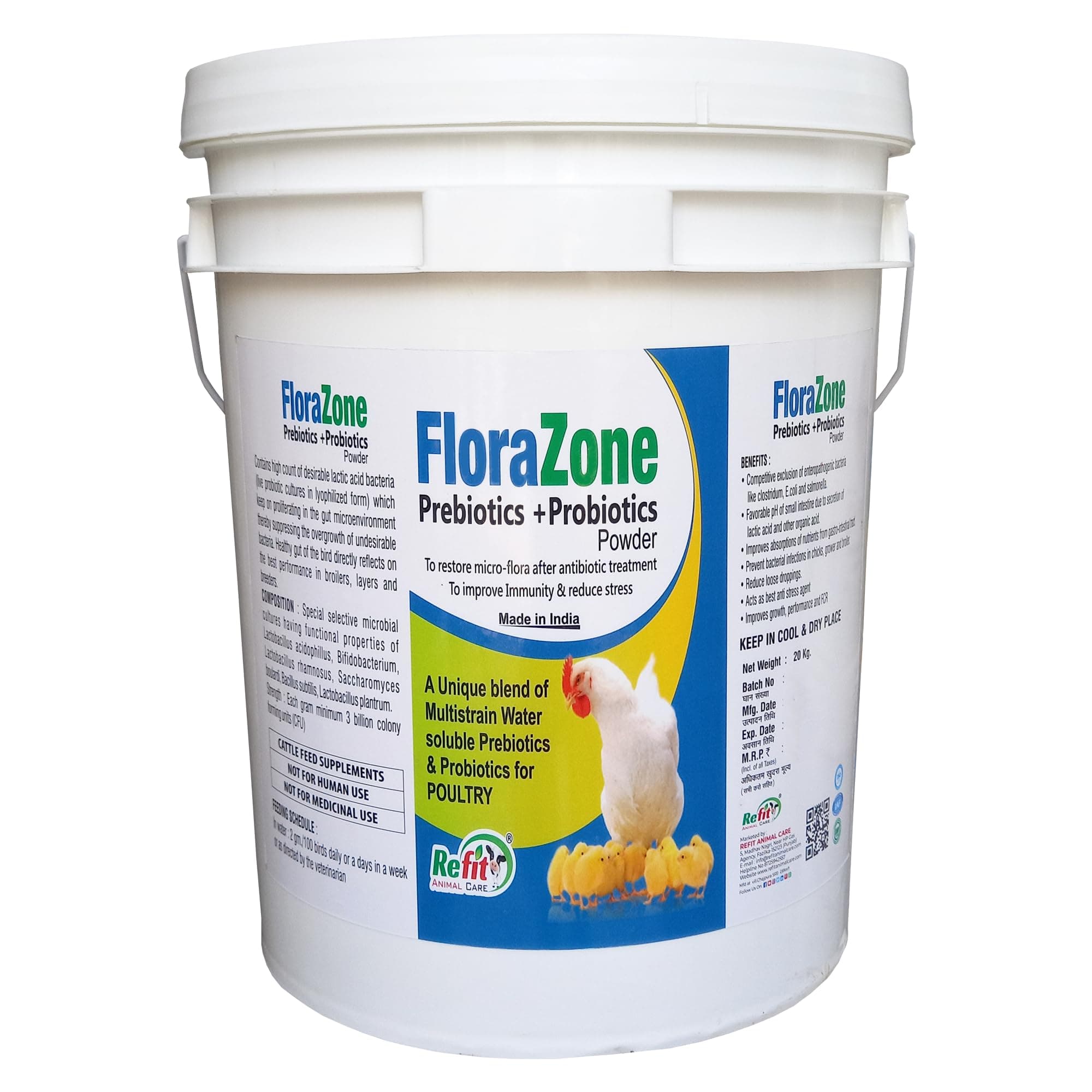 REFIT ANIMAL CARE Prebiotics and Probiotics Powder for Poultry, Chicken, Hen, Chicks, Broilers and Birds, 20 Kg, Florazone