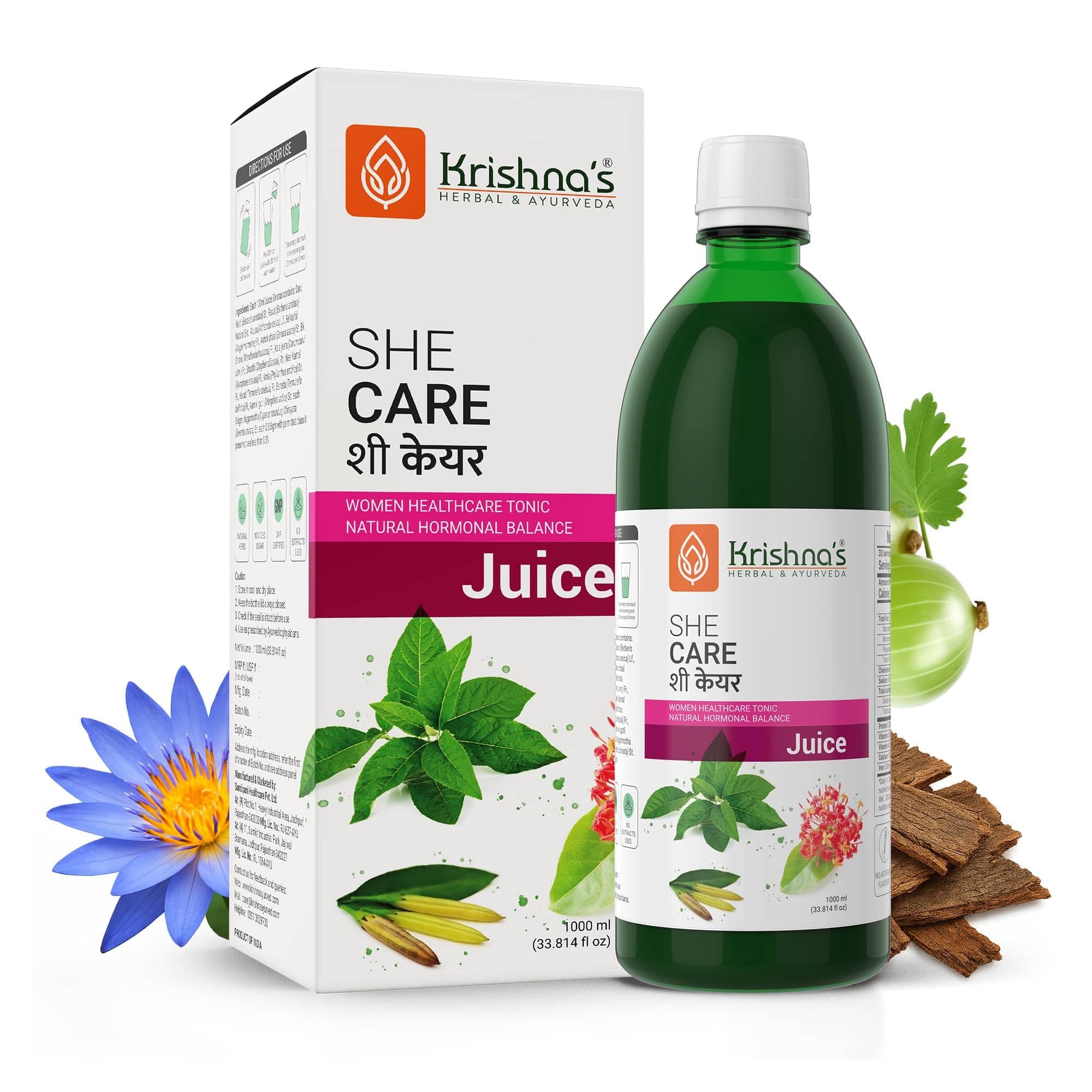 KRISHNA'S HERBAL & AYURVEDA Women's She Care Juice Infused With 5 Herbs for Hormonal Balance, PCOS, PCOD, Period Pain Relief, Hair & Skin Health, Clinically Proven - 1000 ml (Pack of 1)