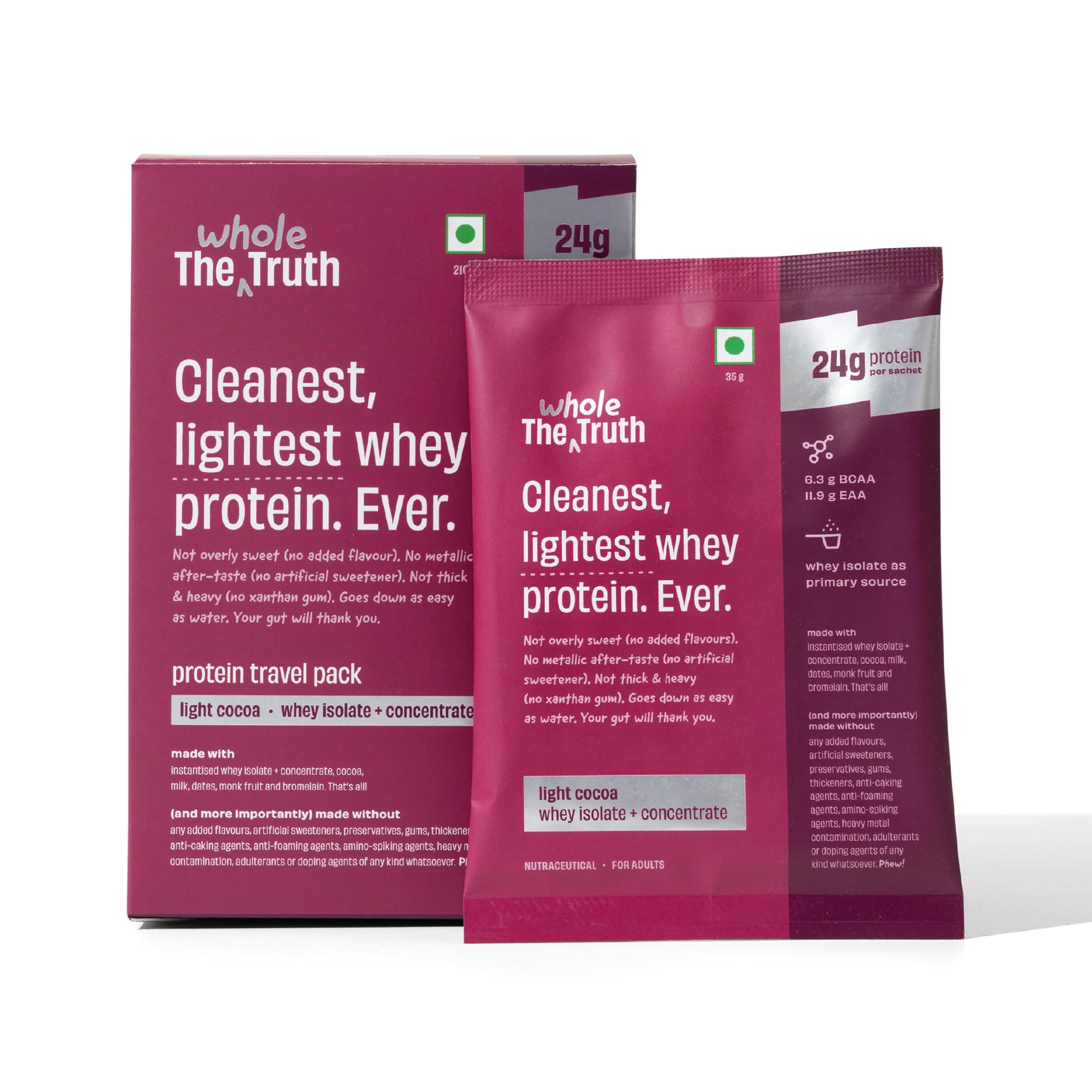 The Whole Truth Whey Protein Isolate+Concentrate | Light Cocoa 210g (Pack of 6) | 24g Protein per sachet | 6.3g BCAA | No Adulteration | Clean, Light & Easy to Digest | Sample & Travel Pack | No Artificial Flavours