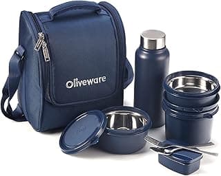 SOPL-OLIVEWARE Teso Pro Lunch Box with Cutlery, 3 Microwave Safe Inside Containers with BPA Free Lids(290ml, 450ml & 600ml), Plastic Pickle Box(130ml), Steel Water Bottle(750ml) - Blue