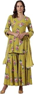 W for Woman W for Women Green Floral Printed Gotta Patti Flared Kurta, Penelled Sharara & Dupatta for Women