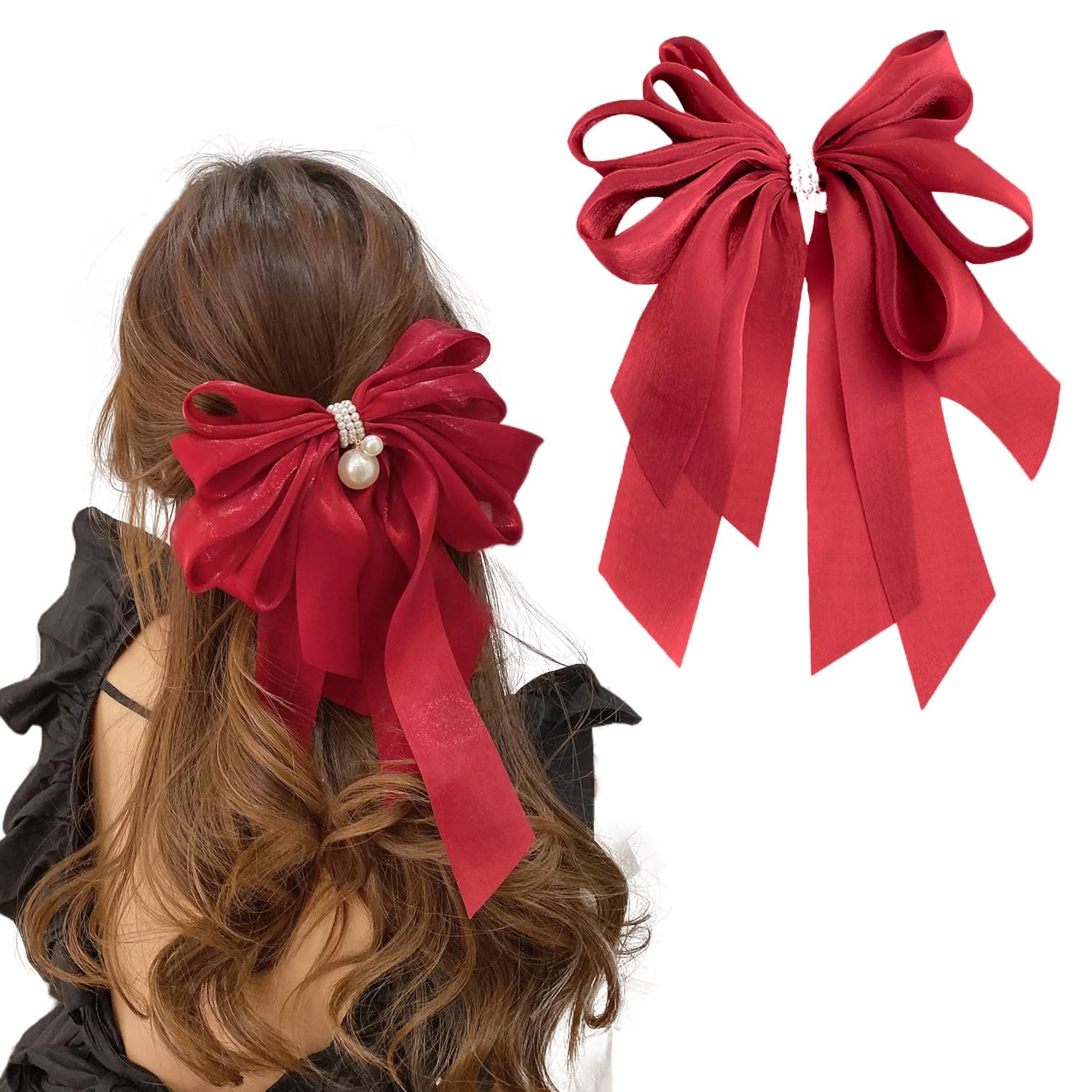 ANNACREATIONS 1 Pc Stylish Hair Bow Shiny Large French Big Bow with Pearls Hair Barrette Clip Pearls Hair Clip Hair Accessories Silk Bow Hairclip for Women & Girls (Red)