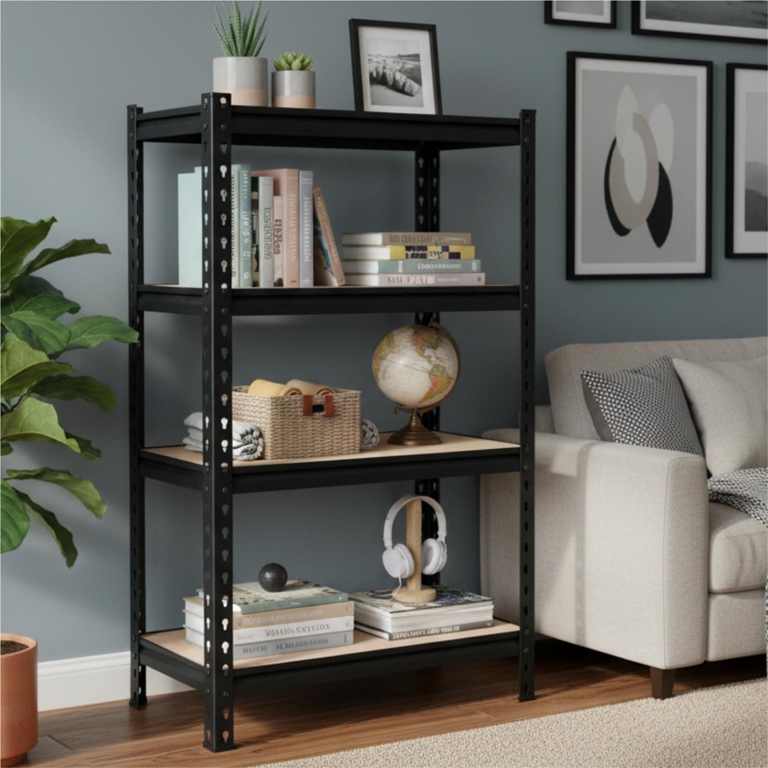 HOMIFLY 4 Tier Boltless Rack for Storage/60x24x12 Inch Adjustable Metal Shelf/Multipurpose Shelves with Wooden Plank/Industrial Storage Shelving Unit/Organizer for Garage/Home/Warehouse (Black)