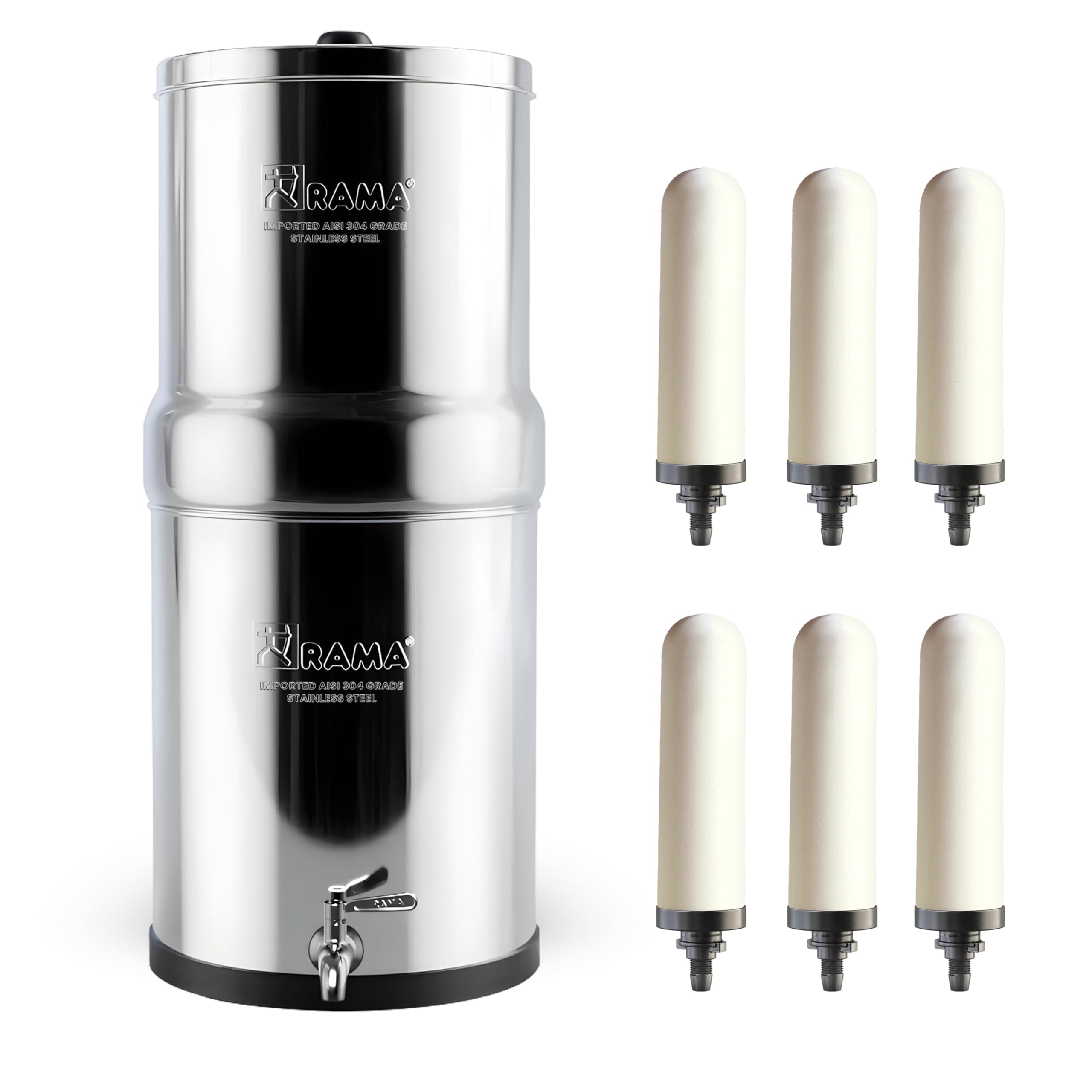 RAMA Gravity Water Filter | 32L Total Capacity (16L Storage) | 304 Stainless Steel Non-Electric Water Purifier Filter for Home | Includes 6 Spirit Candles & Steel Tap | 10-Year Warranty