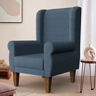 Chumbak Wing Chair, Accent Chair for living Room, Bedroom, Wooden 1 seater sofa, Blue color and Upholstered for Home Decor