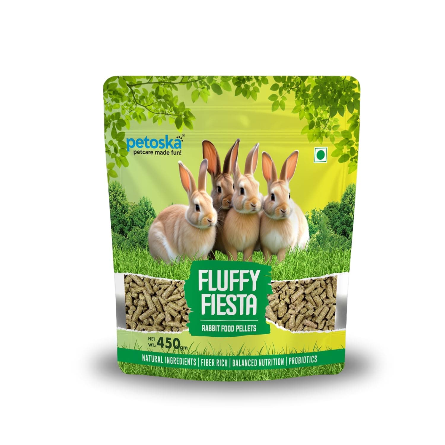 Petoska Fluffy Fiesta Rabbit Food Pellets | Nutrient-Rich Diet for Rabbits | Supports Digestive Health, Strong Bones & Vitality | High Fibre, Protein & Vitamins | 450 g