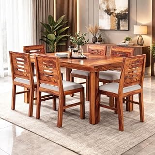Kendal Sheesham Wood Table 6 Seater Wooden Dining Room Furniture with Cushions and Teak Finish