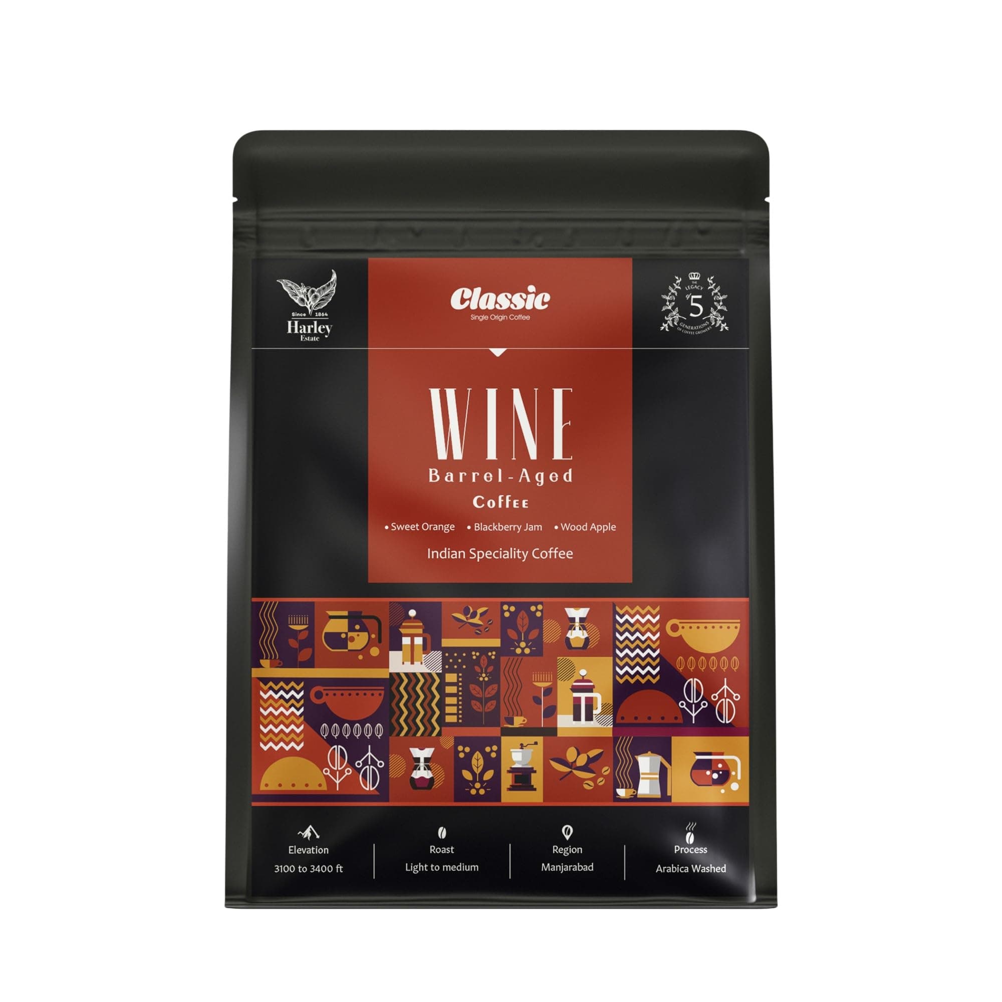 Classic Coffee Wine Barrel-Aged Arabica Ground Coffee | 100% Arabica Beans | Strong Intense Bold Flavor | Light to Medium Roast Custom Grinds | Best for Black Coffee (100g, Whole Beans)