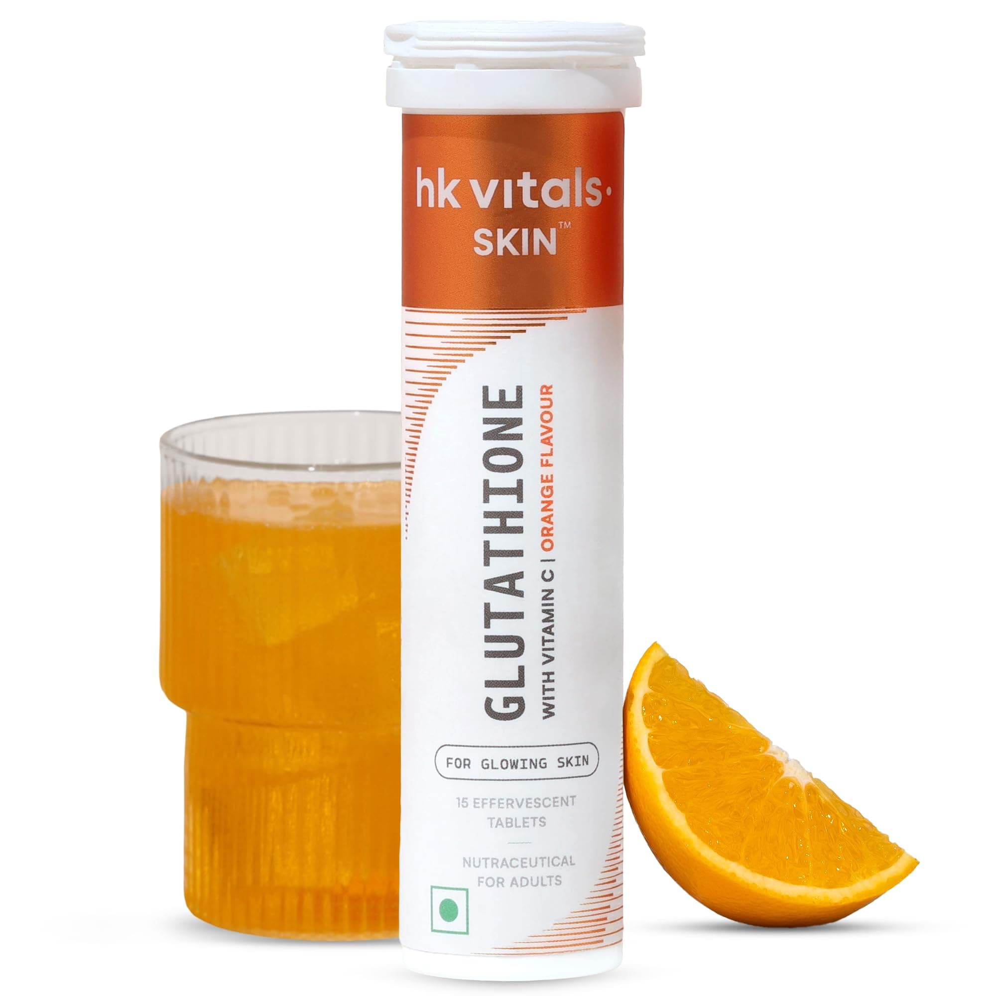hk vitals Glutathione (Orange, 15 Effervescent Tablets) | L-Glutathione Tablets with Vitamin C & E | For Skin Glow & Hydration
