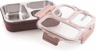 WARMEO BENTO Microwave-Safe Stainless Steel Lunchbox with 3 compartments,bpa Free,Perfect for Office, School, Travelling, 750ml-brown