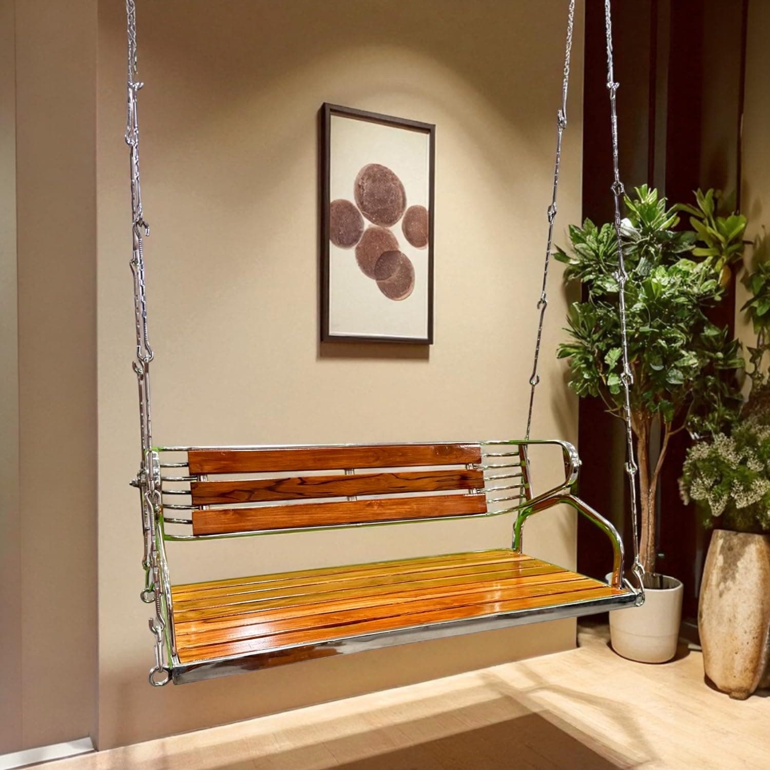 Kaushalendra Hanging Swing for Indoor Outdoor Balcony, 122 cm Stainless Steel & Teak Wood, 350kg Capacity, Pre Assembled, Includes Springs & Hook