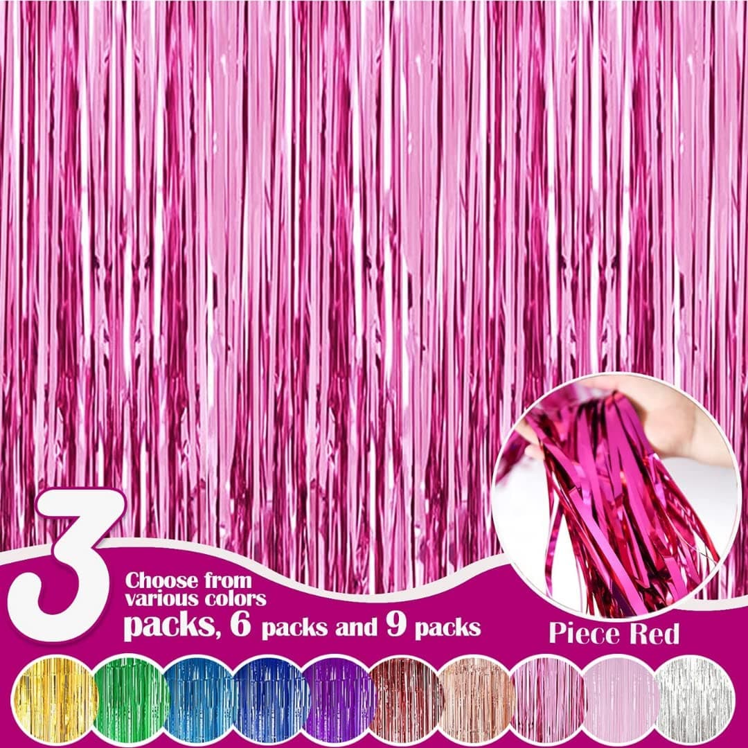Propsicle Birthday Foil Curtain Pack of 3 Pink 3ftx6ft Fringe Curtains Party Shimmer Backdrop Decoration Wedding Anniversary, Bachelorette, Baby Shower, Bridal Shower