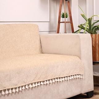 STITCHNEST Beige Chenille Sofa Cover 70x60 Inch – Soft, Durable & Textured Fabric with Tassels | Full Coverage Sofa for Living Room, Bedroom, or Drawing Room