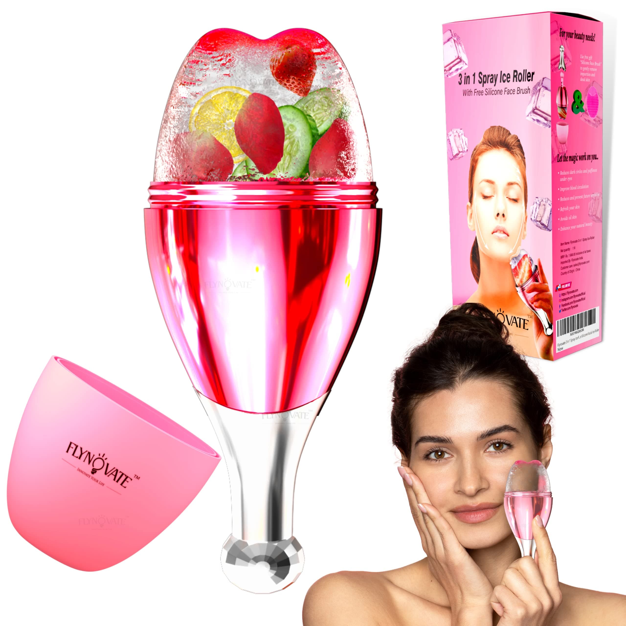 Flynovate 3 in 1 Spray Ice Roller for Face - Reusable Food Grade Anti-aging Silicone Face Massager to Glow Your Skin, Avoids Dark Circles with Sprayer & Silicone Face Scrubber Brush