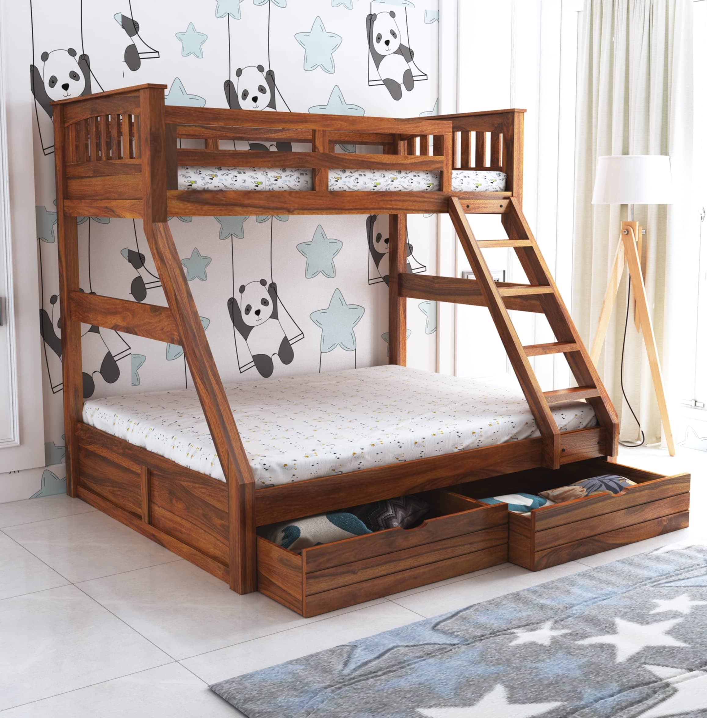 Ganpati Arts Sheesham Wood Rio Bunk Bed Twin Over Bed with Ladder Wooden Bunk Bed with 2 Drawer Storage for Bedroom Living Room and Home (Natural Finish) 1 Year Warranty