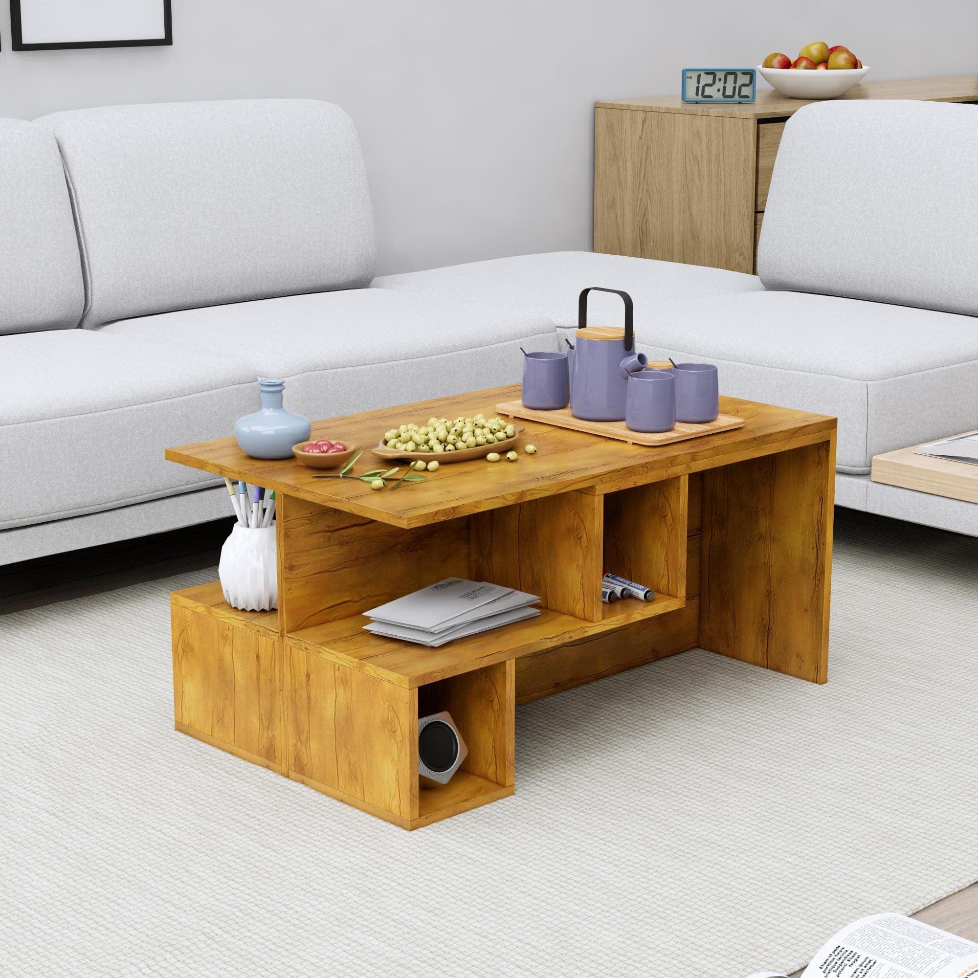 Bniture Wooden Center Bedroom Table, Engineered Wood, Coffee Table for Living Room | Ideal for Home, Lounge Decor with Golden Metal Legs (Giant Wood-110)