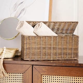 PURE HOME + LIVING Light Brown Resin Wicker Tissue Roll Holder with Lid, Resin Tissue Box Holder, Handcrafted Tissue Dispenser for Office, Living, Bedroom, Desk, Dining Table, Home Decor (Rectangle)
