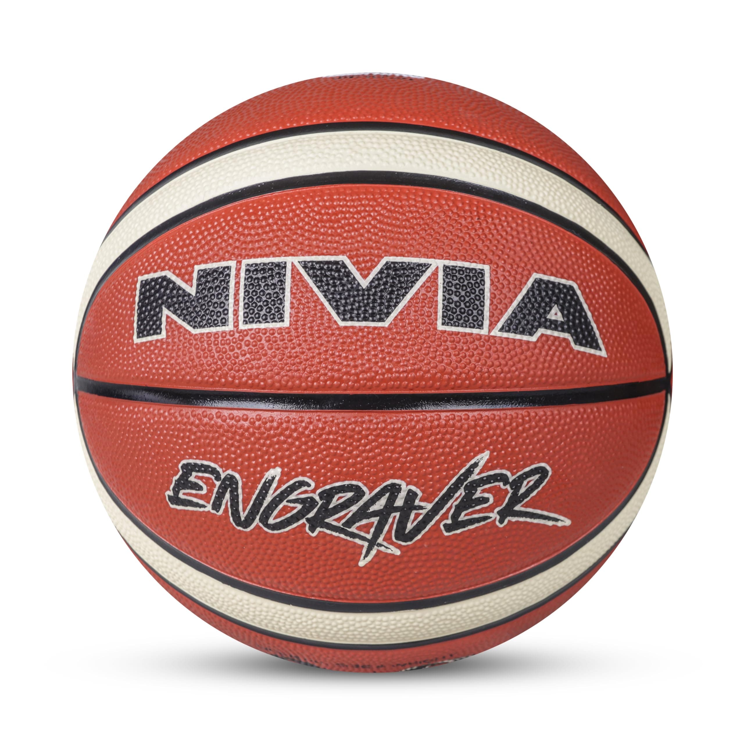 NIVIA Engraver Basketball, As per BFI Standard, 14 Panels, Molded Soft Rubber Cover with Pebbled Texture, Butyl Threadwounded Bladder, Made for Tournaments, to Play on All Indoor & Outdoor Surfaces