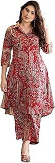 GEHU GARMENTS Women’s Red Printed A-Line Kurta with Pant Set | Soft Rayon Fabric | Stylish Collar Neck & 3/4 Sleeves | Kurti Set