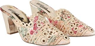 Shoetopia Women’s Embroidered Floral Mule Heels – Closed Toe Block Heel Slip-On Party & Ethnic Footwear Sandals