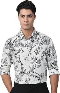 MUFTI Men Shirt | Slim Fit Full Sleeve Spread Collar Artistic Floral & Bird Print | Breathable Cotton Viscose Blend for Party