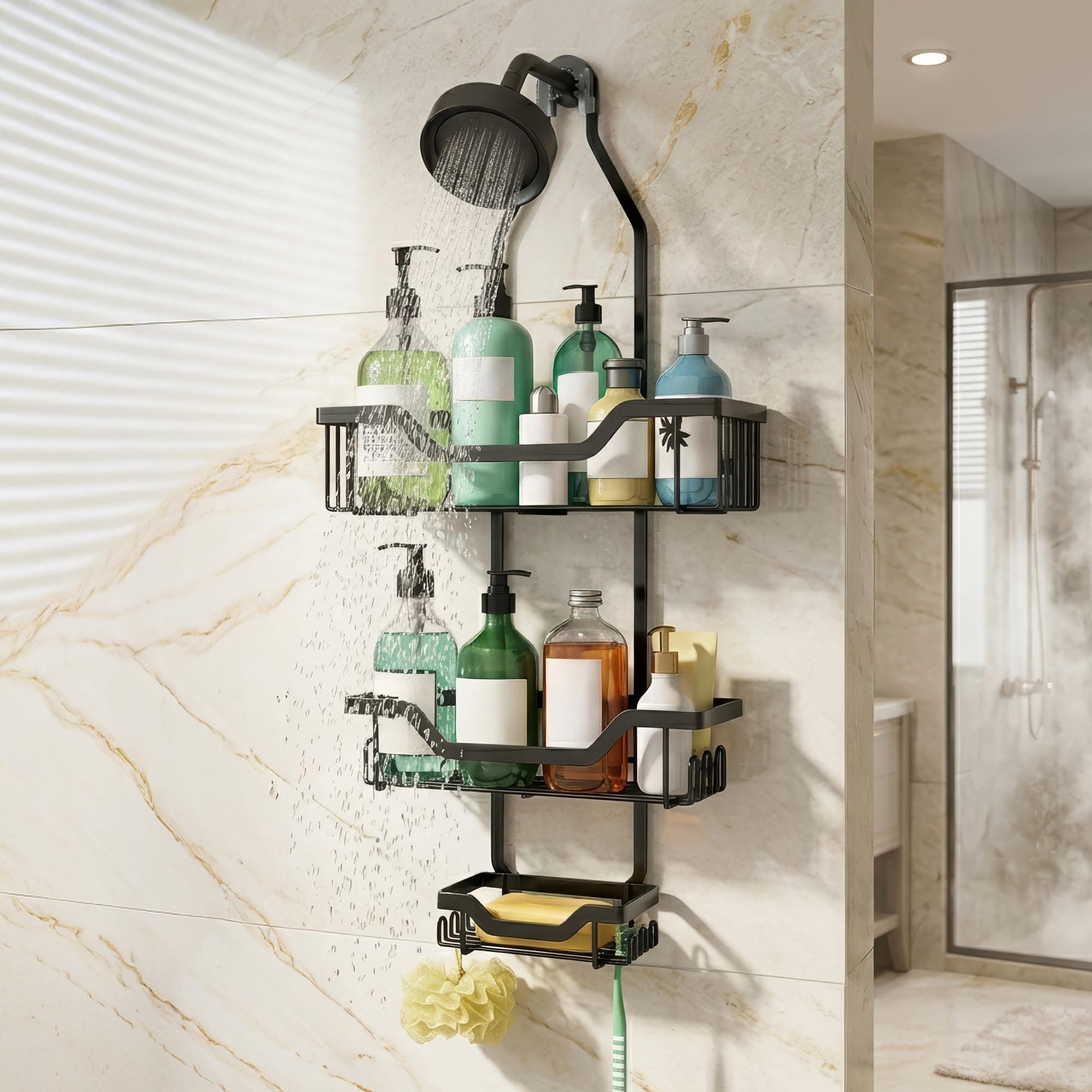 amazon basics Hanging Shower Caddy for Bathroom | Bathroom Organiser Without Drill | Bathroom Accessories Storage Organizer